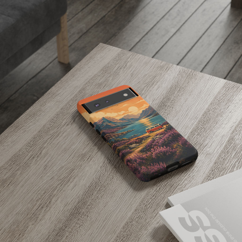 Highland Road Trip Phone Case – Scottish Loch Sunset & Heather Landscape