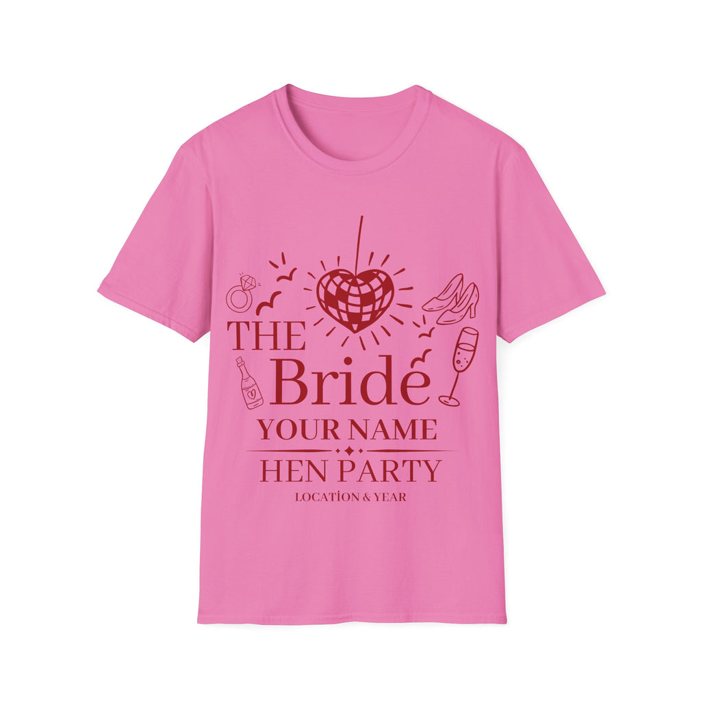 The Bride Hen Party T‑Shirt — Personalized Bachelorette Shirt with Heart Disco Design