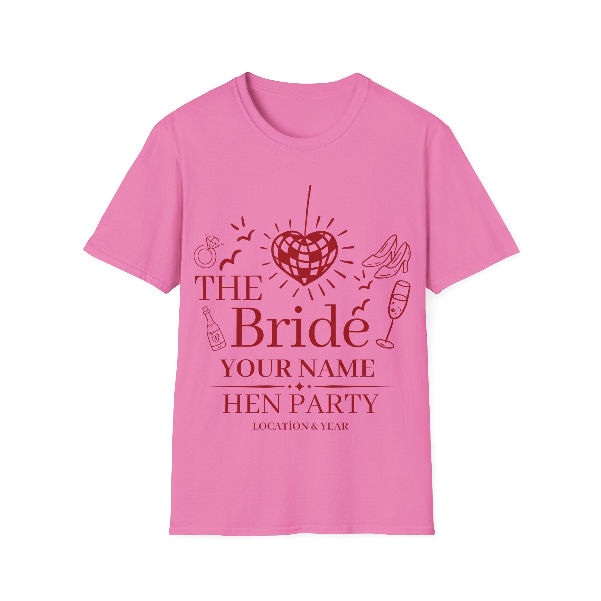 The Bride Hen Party T‑Shirt — Personalized Bachelorette Shirt with Heart Disco Design