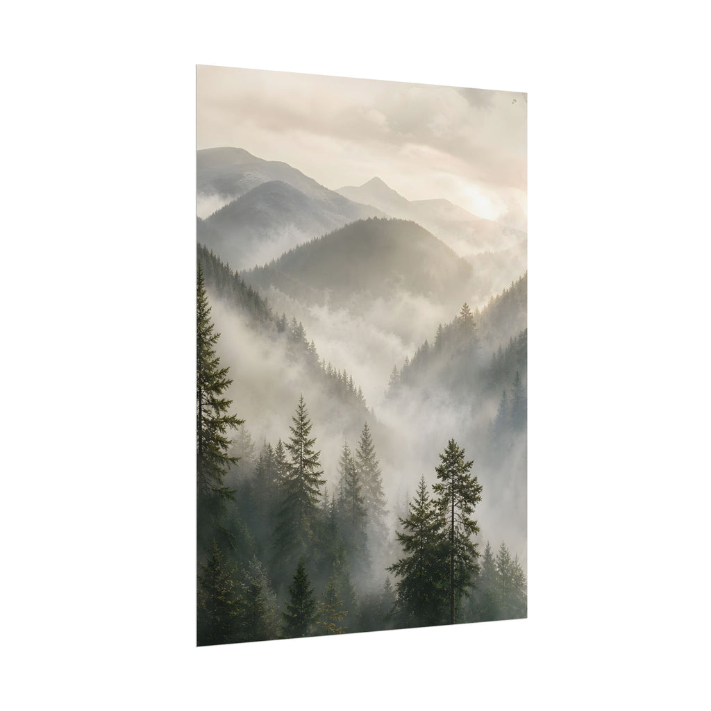 Mist-Filled Mountain Forest Rolled Poster — Serene Nature Wall Art