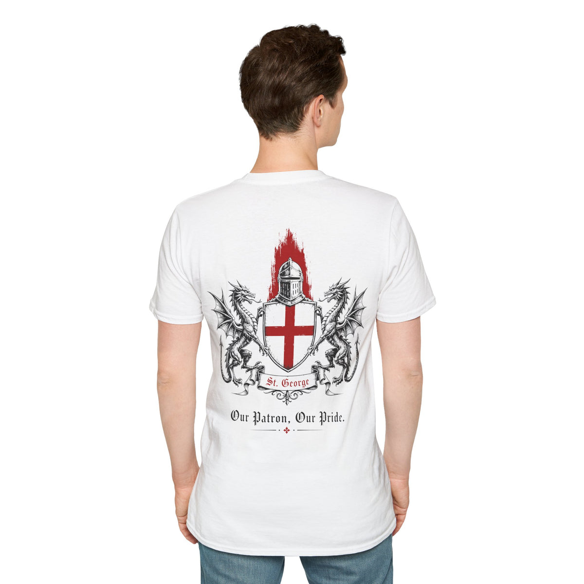 Crusader Shield T-Shirt — Knight Helmet & Dragons St. George Cross Design