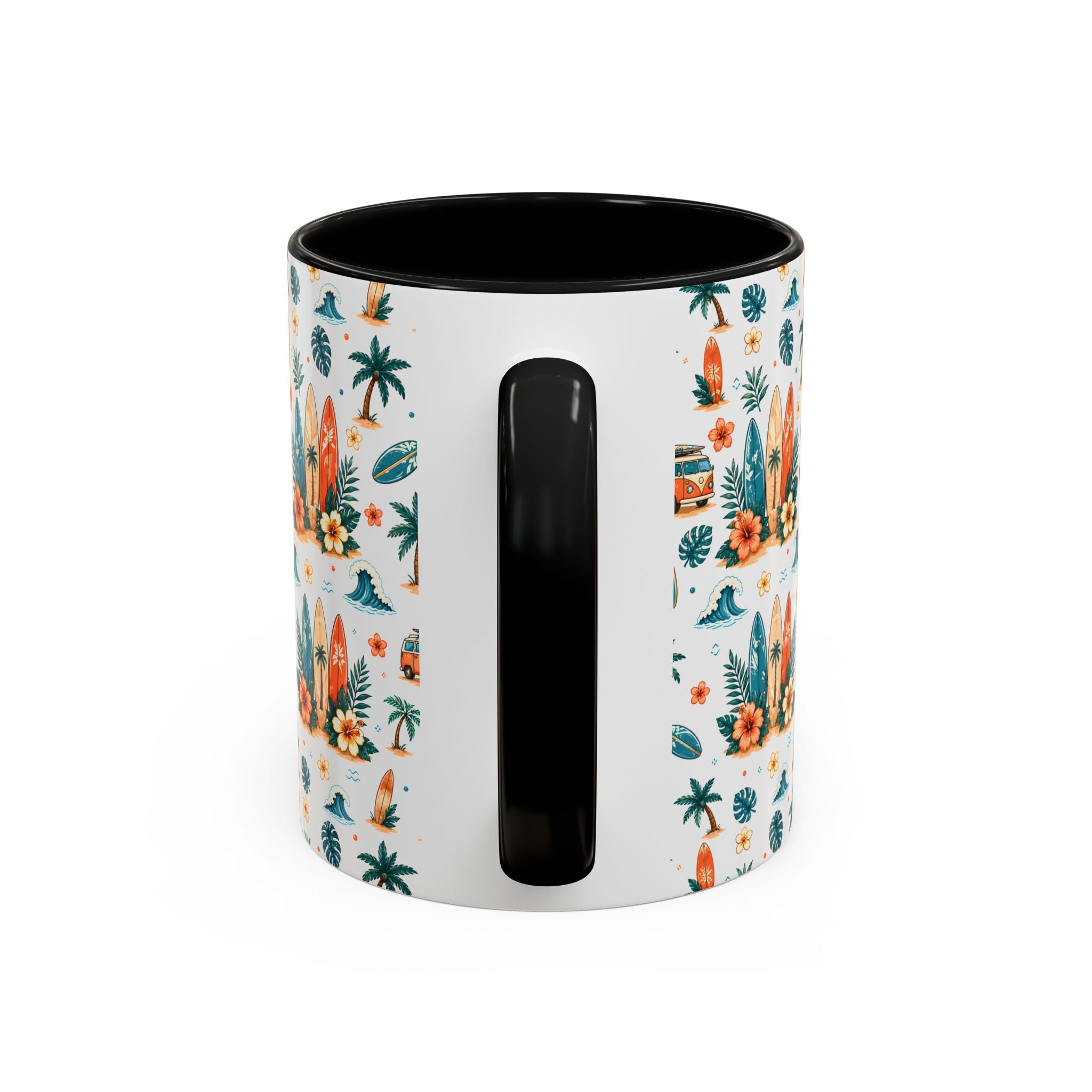 Surfboard & Palm Accent Coffee Mug — Tropical Beach Pattern 11/15oz
