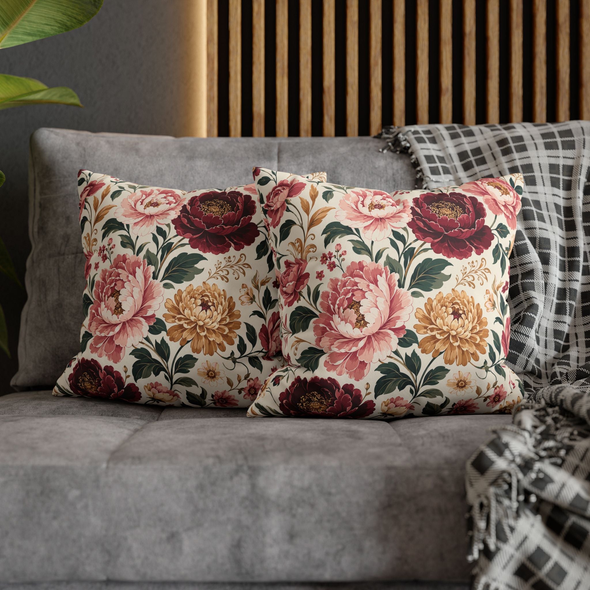 Floral Peony Canvas Pillowcase — Vintage Rose Square Throw Pillow Cover