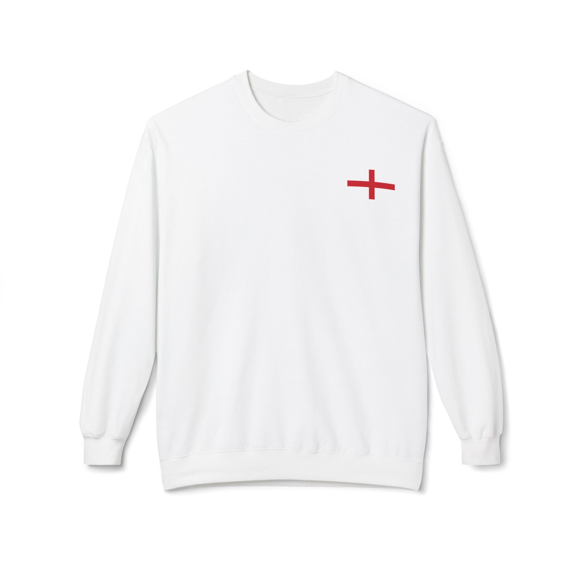 Crewneck Sweatshirt — Minimal Red Cross Chest Logo, Casual Everyday Crewneck