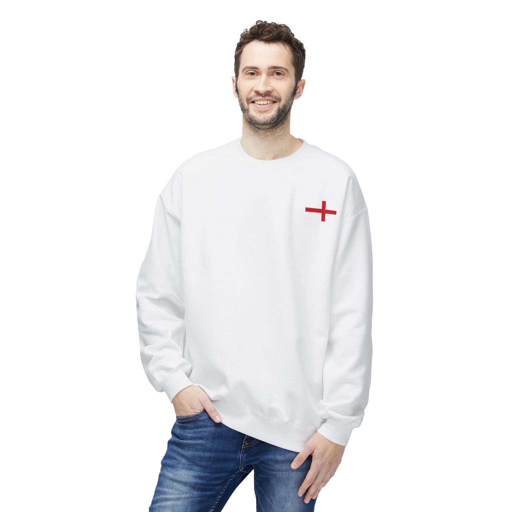 Crewneck Sweatshirt — Minimal Red Cross Chest Logo, Casual Everyday Crewneck