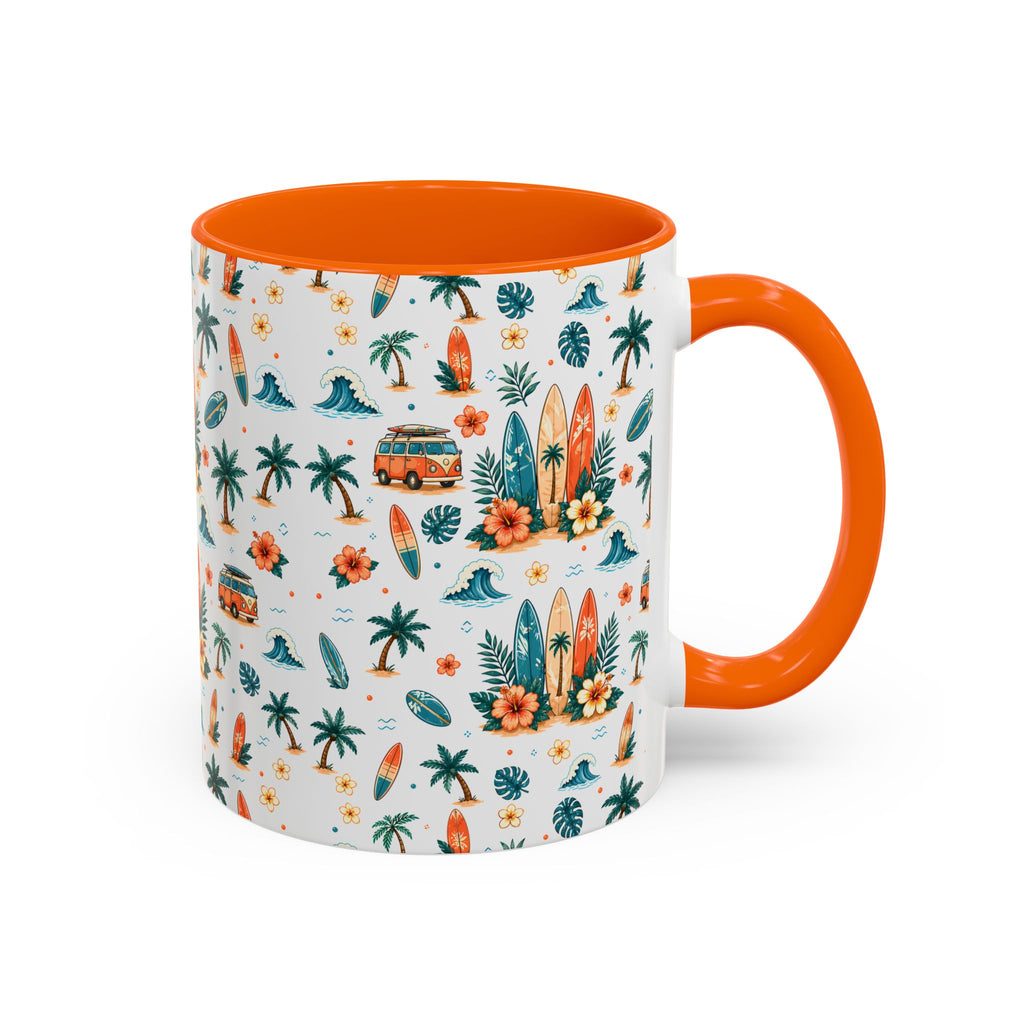 Surfboard & Palm Accent Coffee Mug — Tropical Beach Pattern 11/15oz