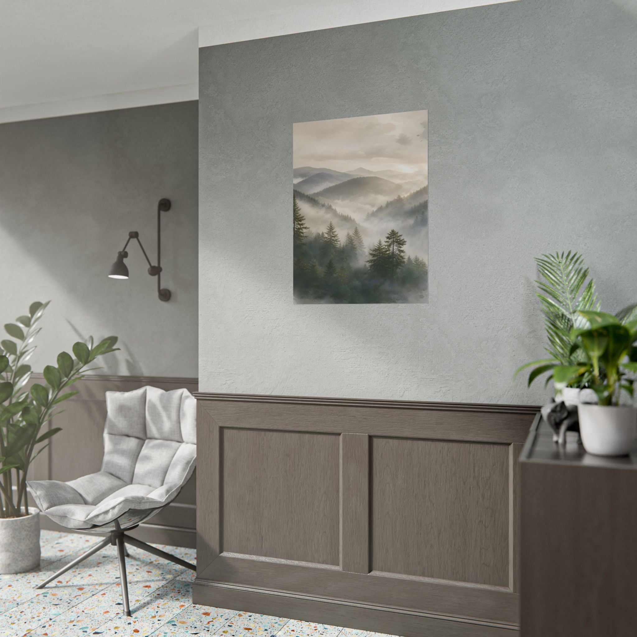 Mist-Filled Mountain Forest Rolled Poster — Serene Nature Wall Art