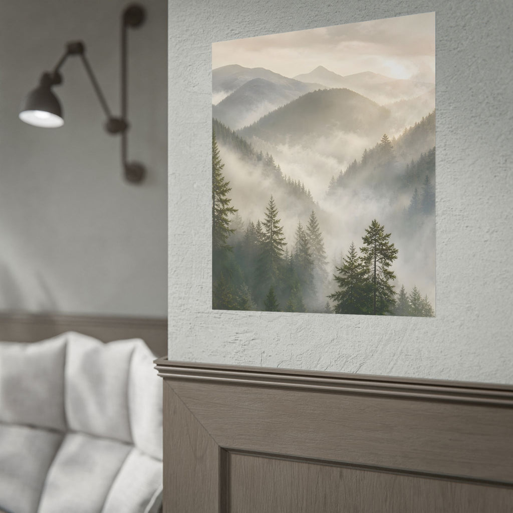 Mist-Filled Mountain Forest Rolled Poster — Serene Nature Wall Art