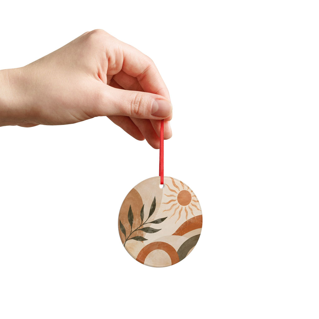 Boho Sun & Leaf Ceramic Ornament — Earth Tone Round Holiday Decoration