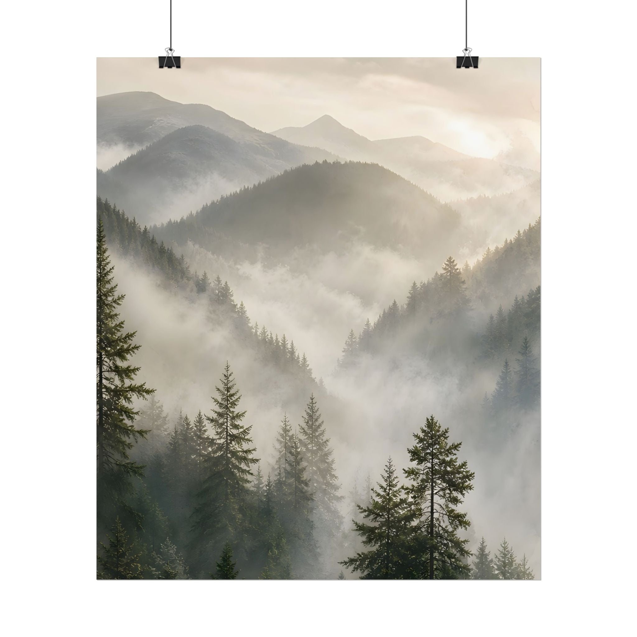 Mist-Filled Mountain Forest Rolled Poster — Serene Nature Wall Art