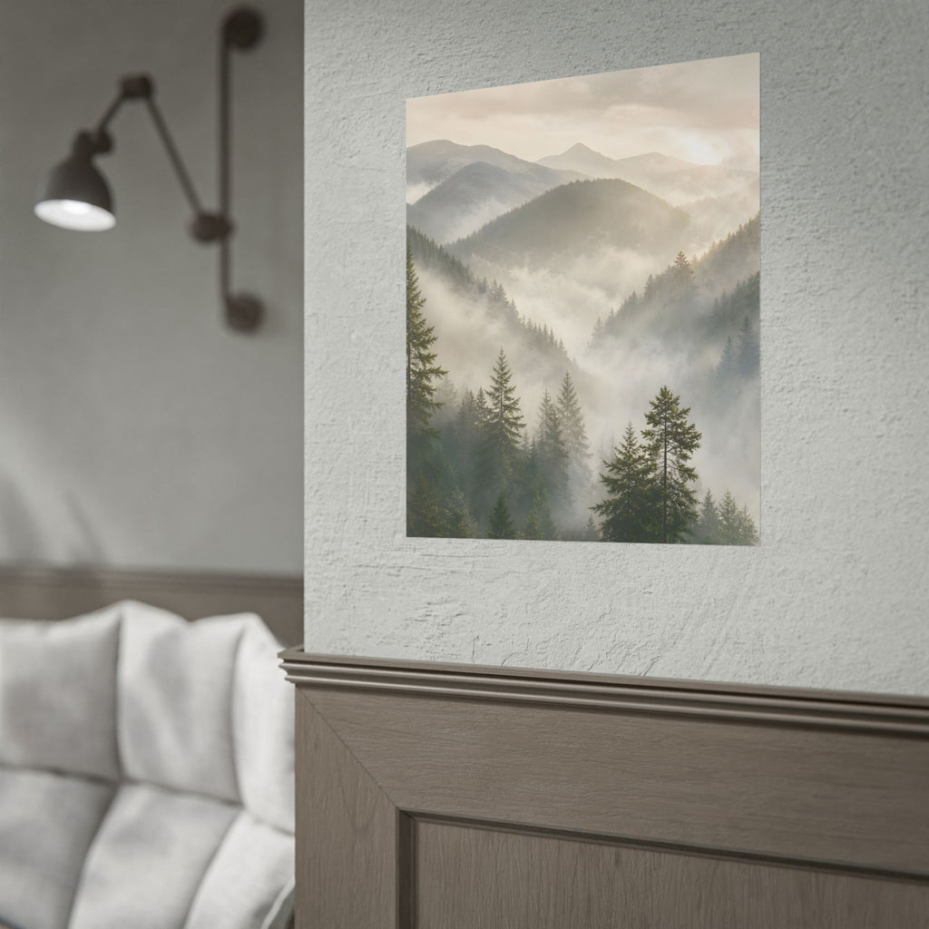 Mist-Filled Mountain Forest Rolled Poster — Serene Nature Wall Art