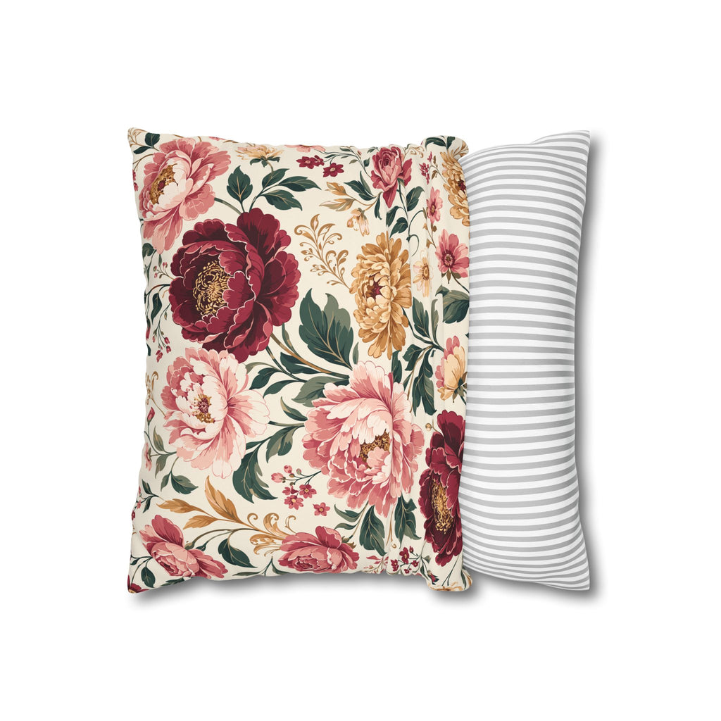Floral Peony Canvas Pillowcase — Vintage Rose Square Throw Pillow Cover