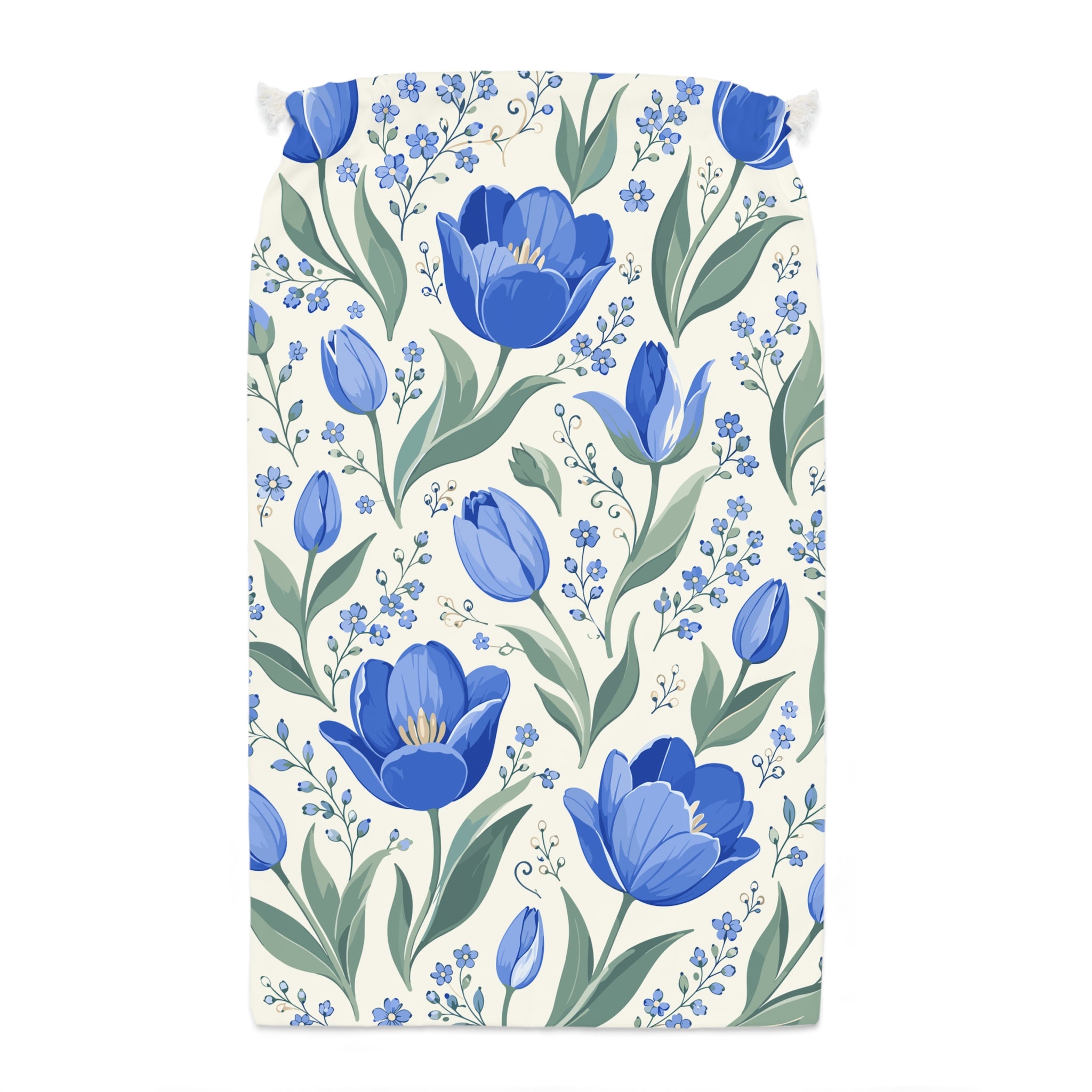 Blue Floral Drawstring Bag - Botanical Tulip Gift Sack