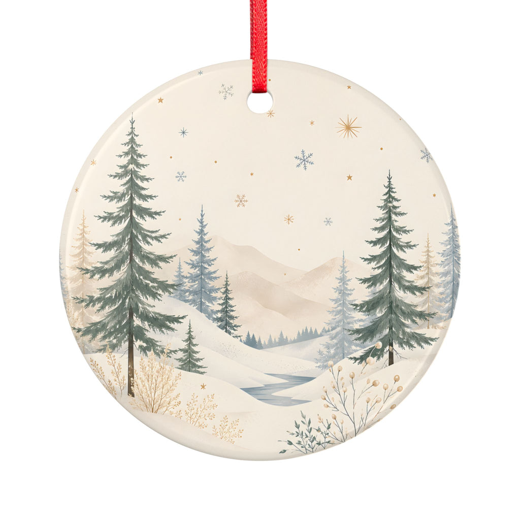 Winter Pines Ceramic Ornament — Double-Sided Snowy Forest Holiday Decoration