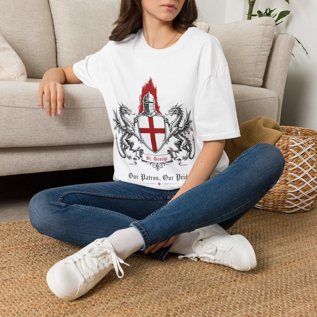 Crusader Shield T-Shirt — Knight Helmet & Dragons St. George Cross Design