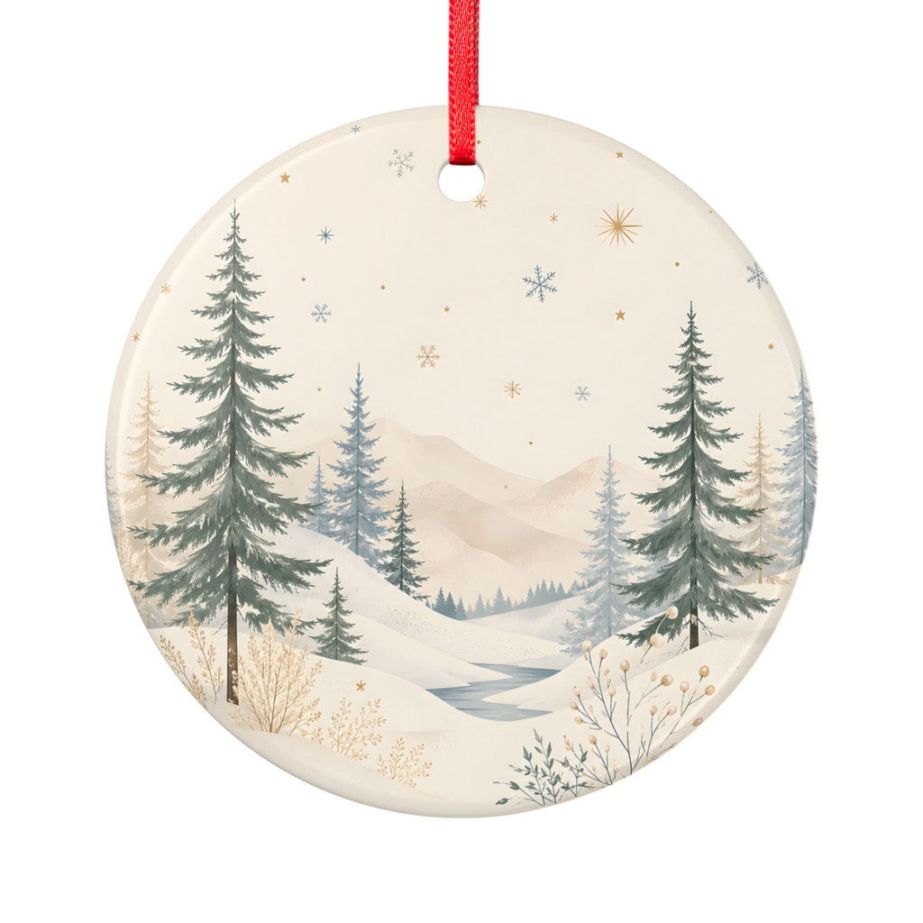 Winter Pines Ceramic Ornament — Double-Sided Snowy Forest Holiday Decoration
