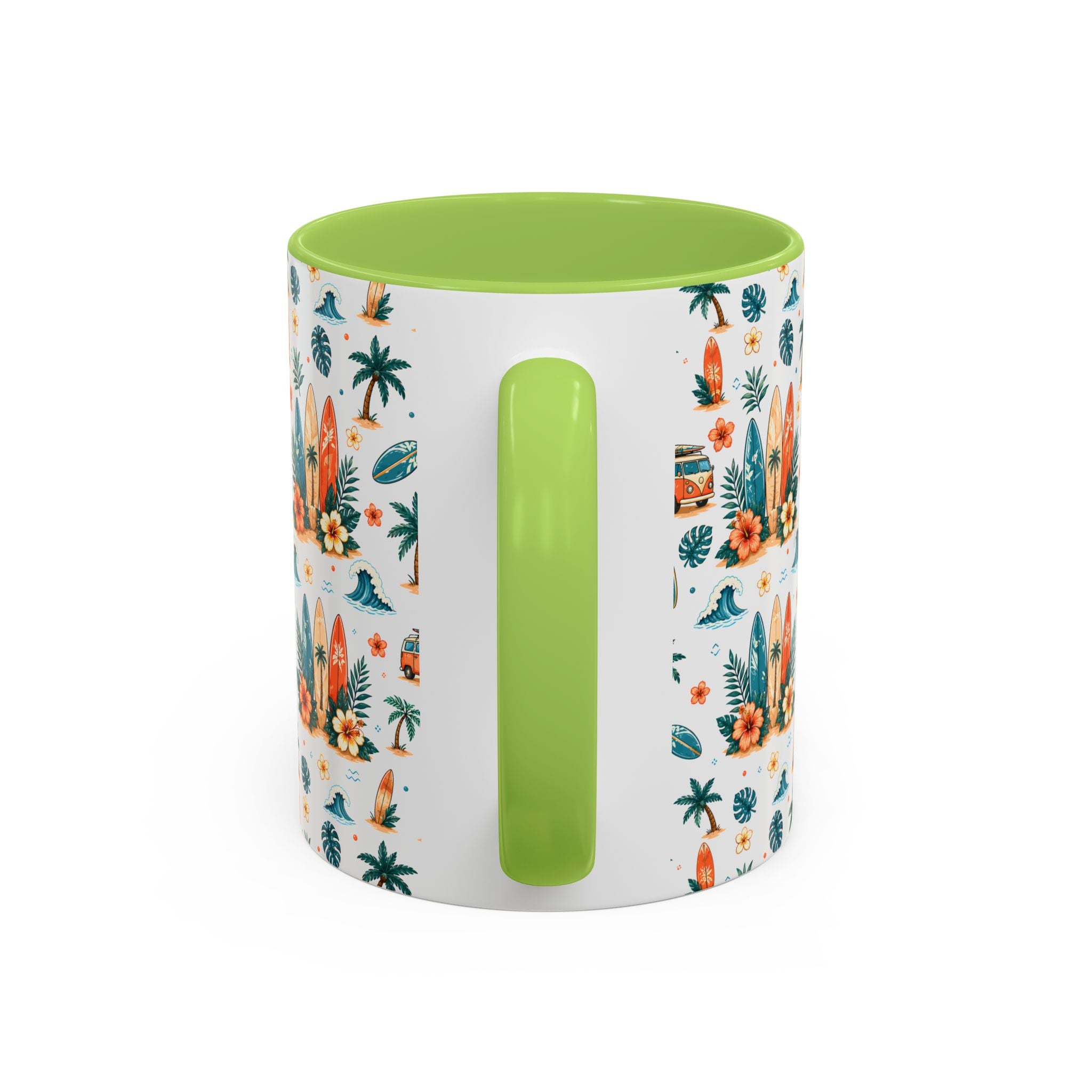 Surfboard & Palm Accent Coffee Mug — Tropical Beach Pattern 11/15oz