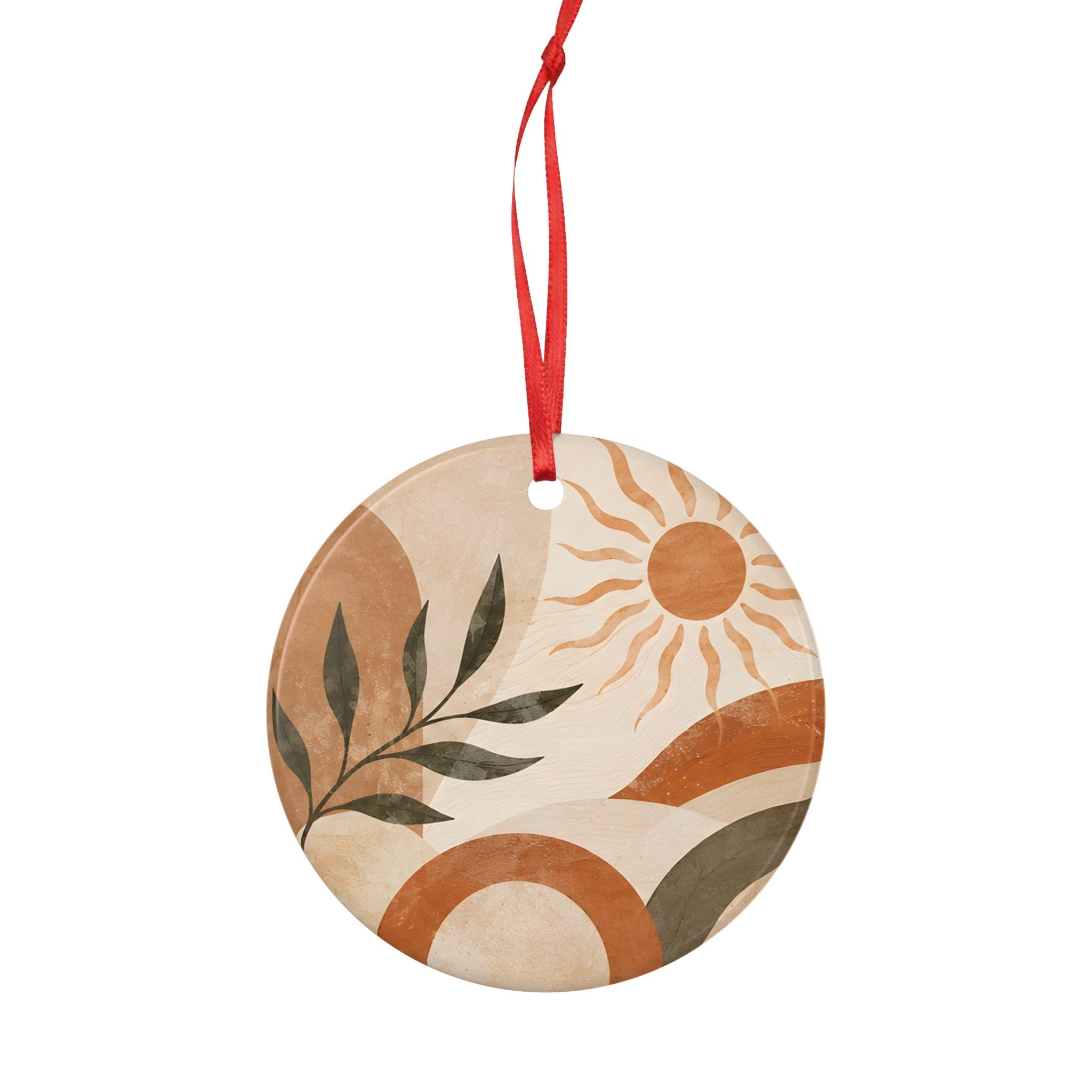 Boho Sun & Leaf Ceramic Ornament — Earth Tone Round Holiday Decoration