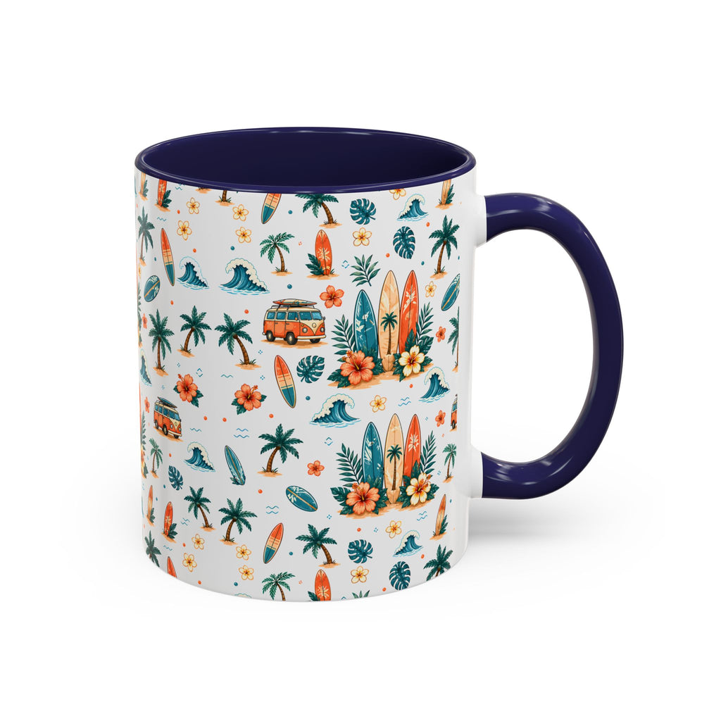 Surfboard & Palm Accent Coffee Mug — Tropical Beach Pattern 11/15oz
