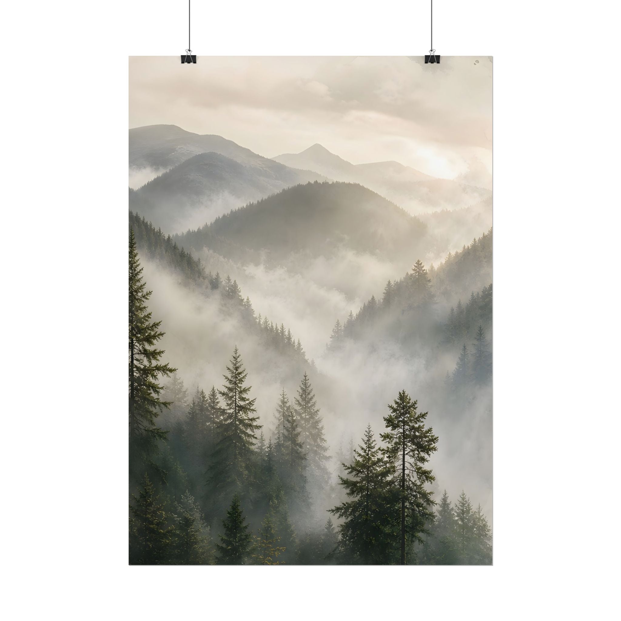 Mist-Filled Mountain Forest Rolled Poster — Serene Nature Wall Art