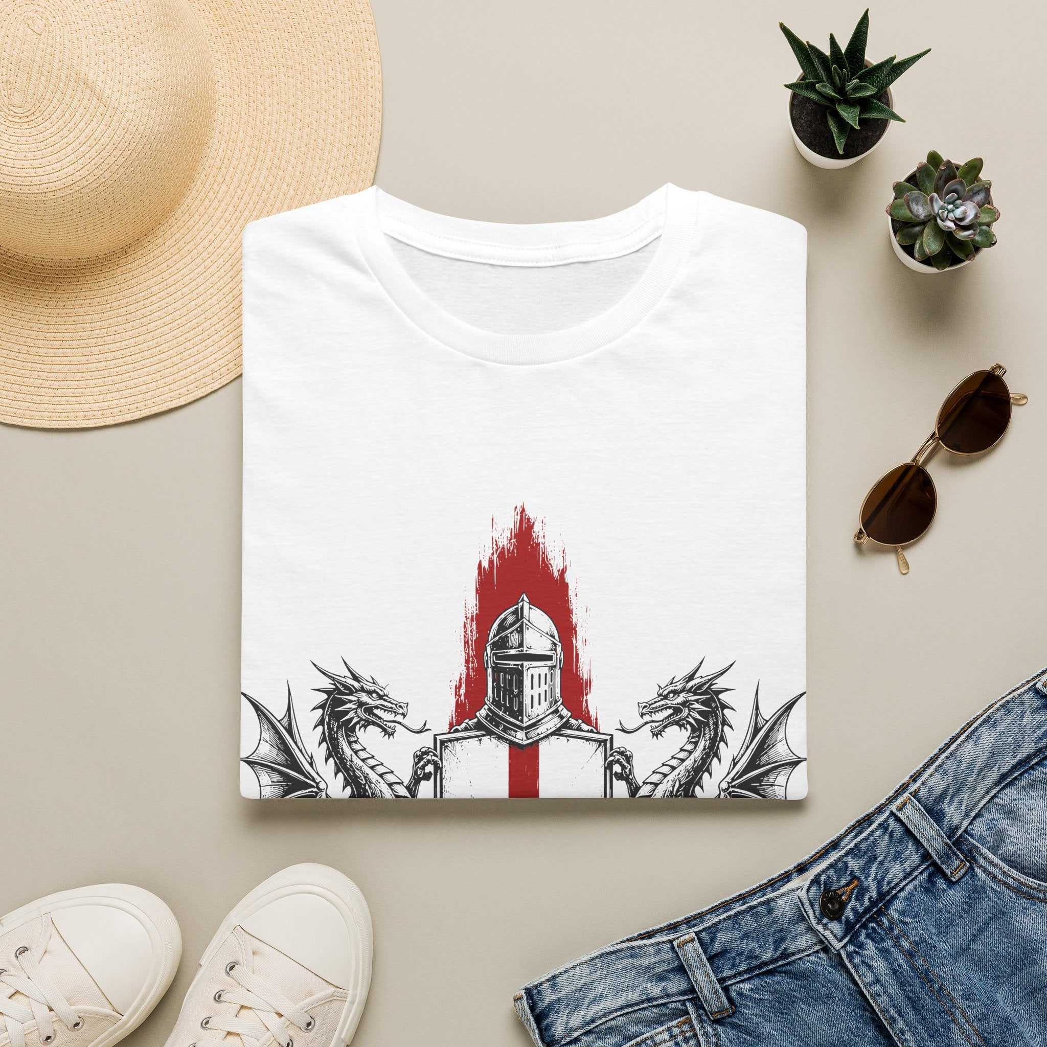 Crusader Shield T-Shirt — Knight Helmet & Dragons St. George Cross Design