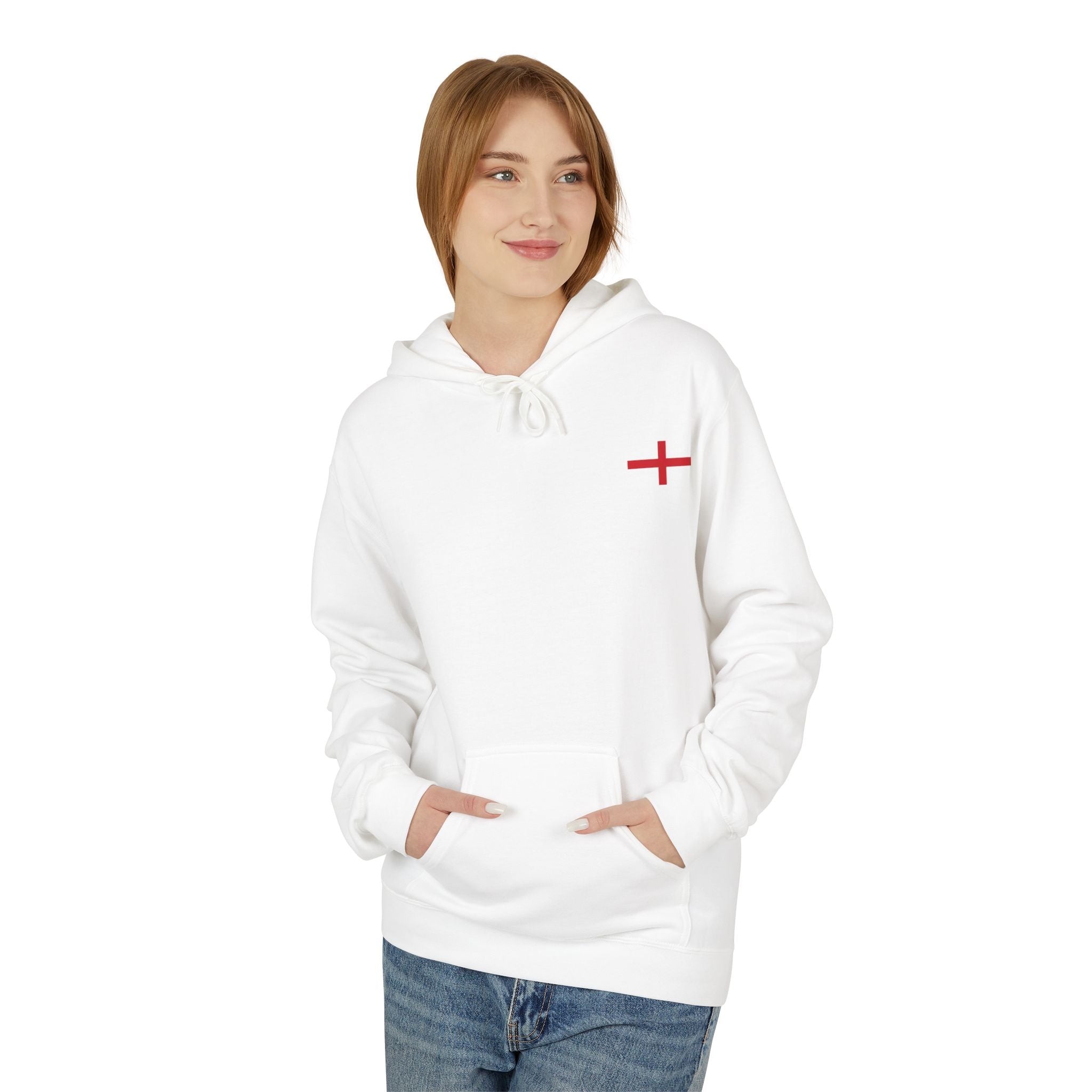 England Flag Hoodie — Minimal Red Cross Football/Patriot Pride Pullover