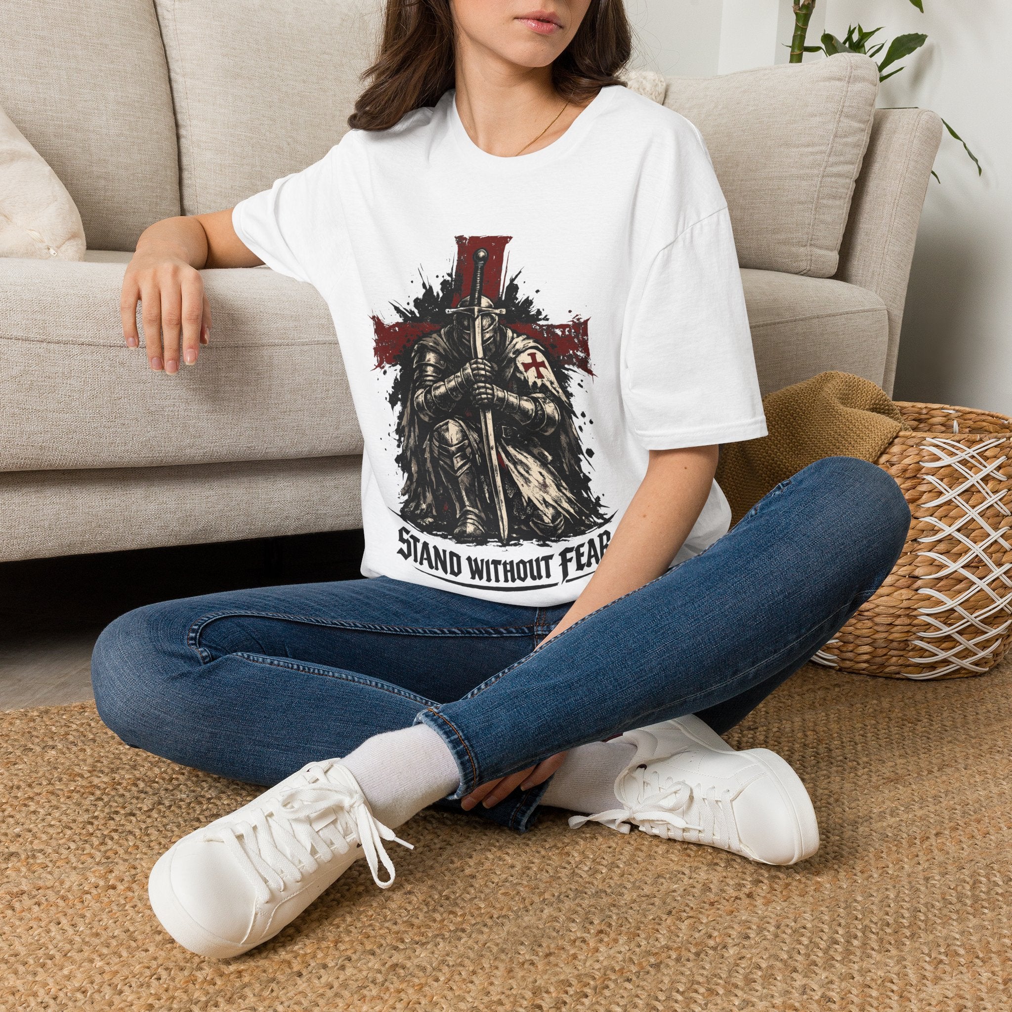 Crusader Knight T-Shirt — 'Stand Without Fear' Medieval Cross Graphic