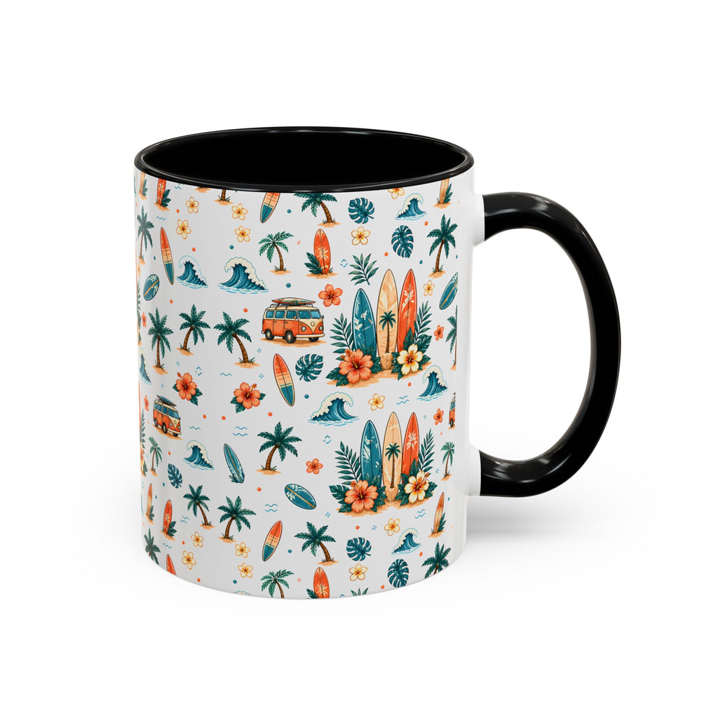 Surfboard & Palm Accent Coffee Mug — Tropical Beach Pattern 11/15oz