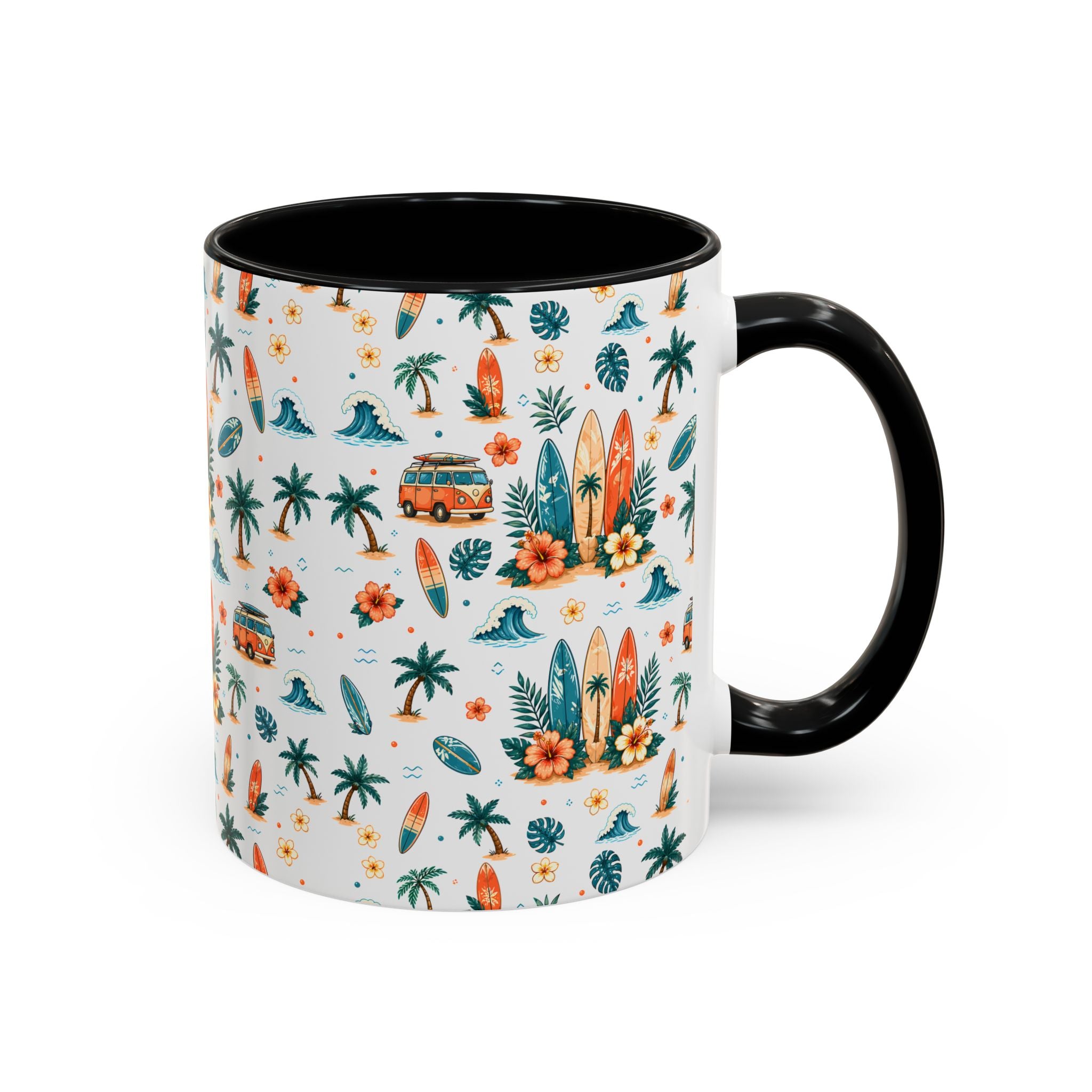 Surfboard & Palm Accent Coffee Mug — Tropical Beach Pattern 11/15oz