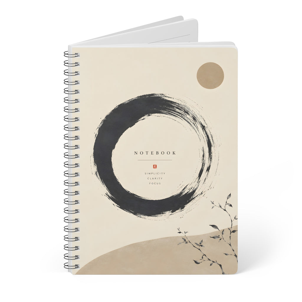 Zen Circle A5 Spiral Notebook — Minimalist Wirobound Journal with 'Notebook' Brushstroke Design