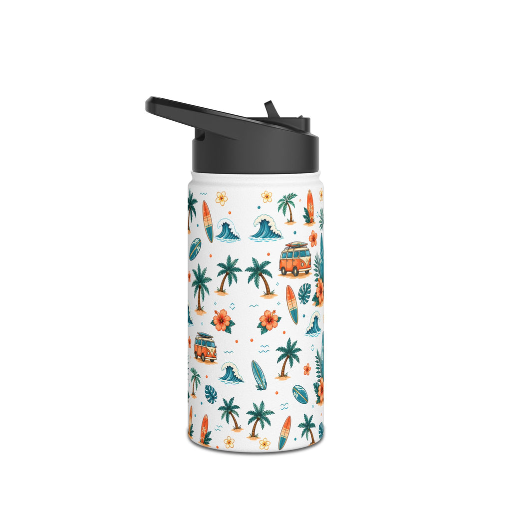 Surf Camper Stainless Steel Water Bottle — Tropical Beach Surfboard Pattern