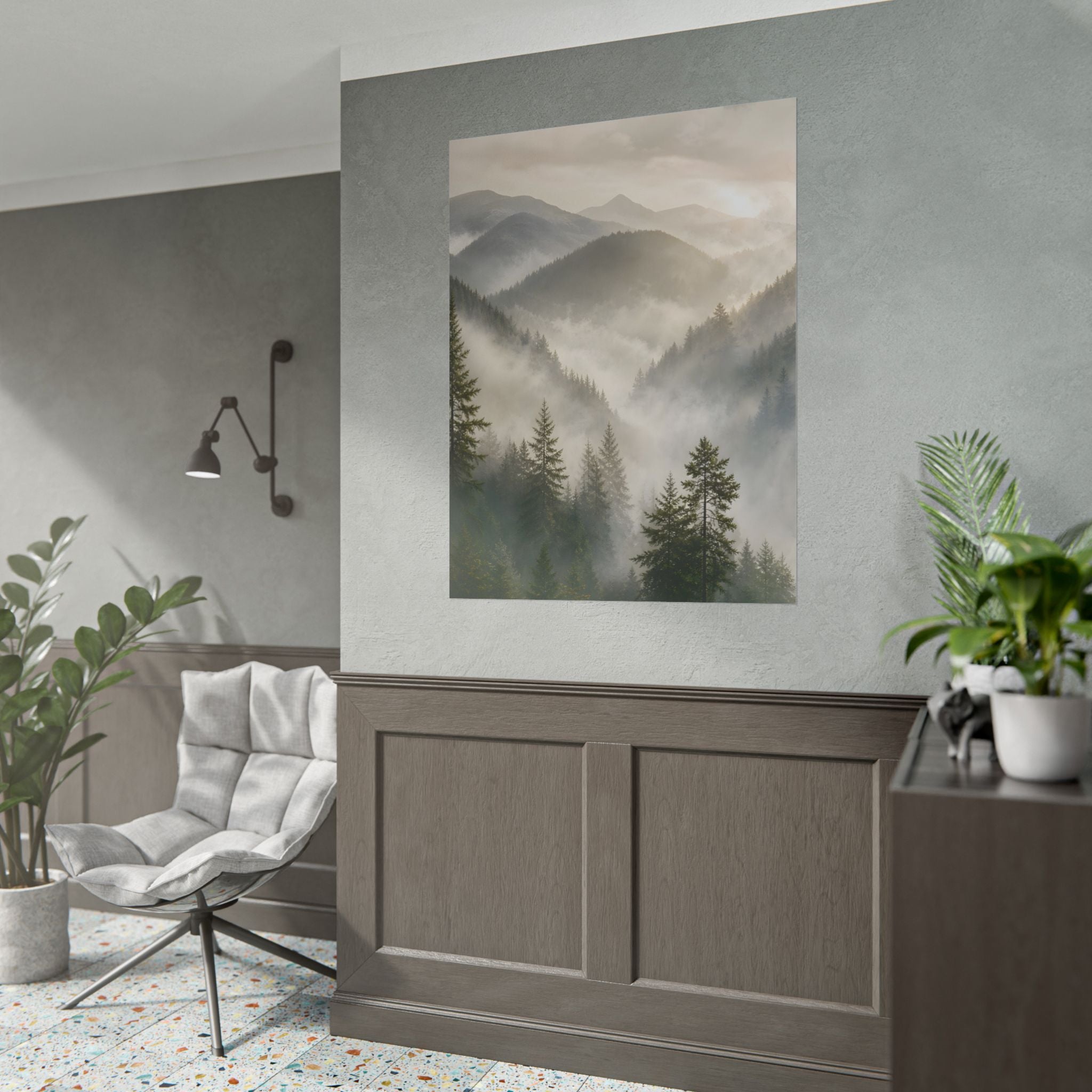 Mist-Filled Mountain Forest Rolled Poster — Serene Nature Wall Art