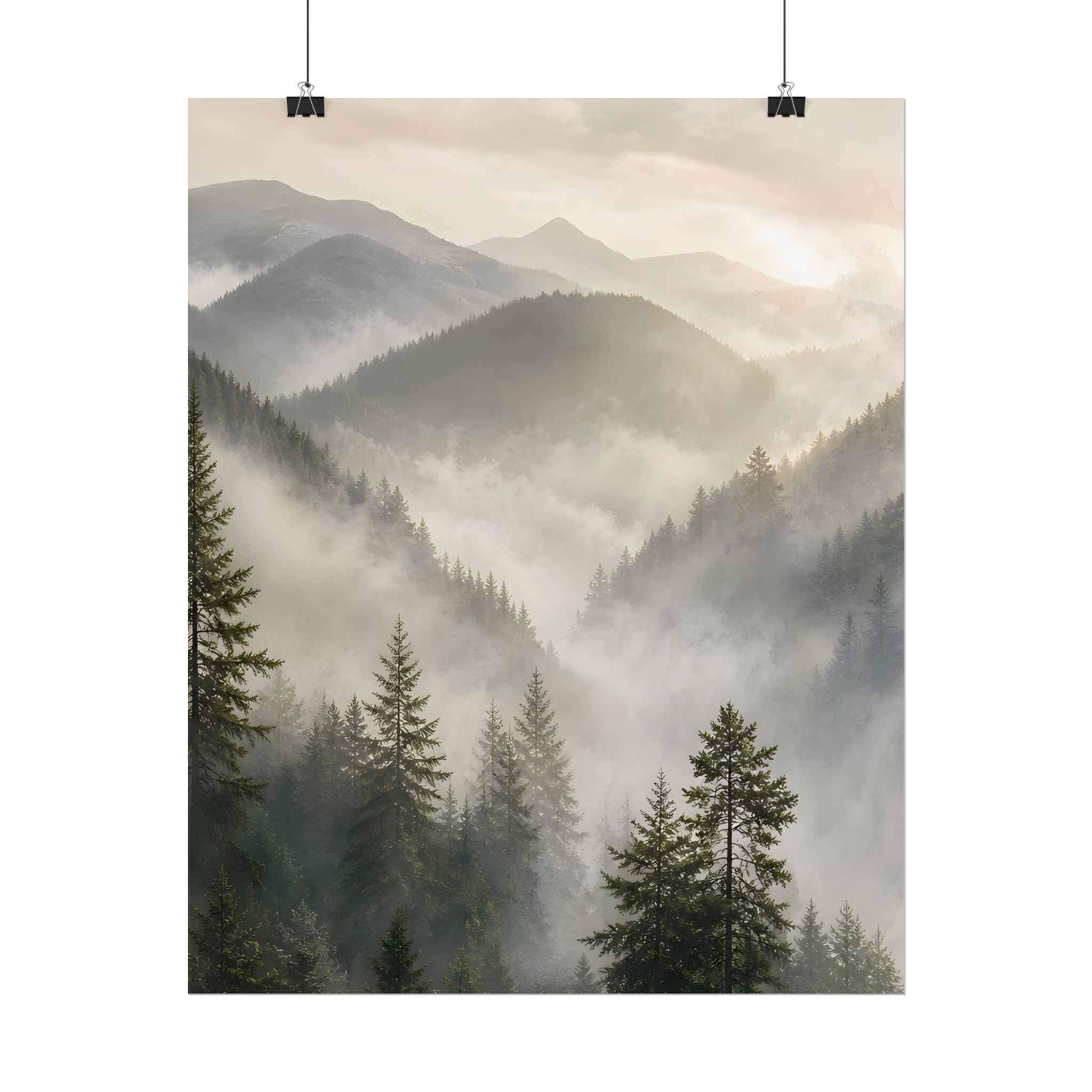 Mist-Filled Mountain Forest Rolled Poster — Serene Nature Wall Art