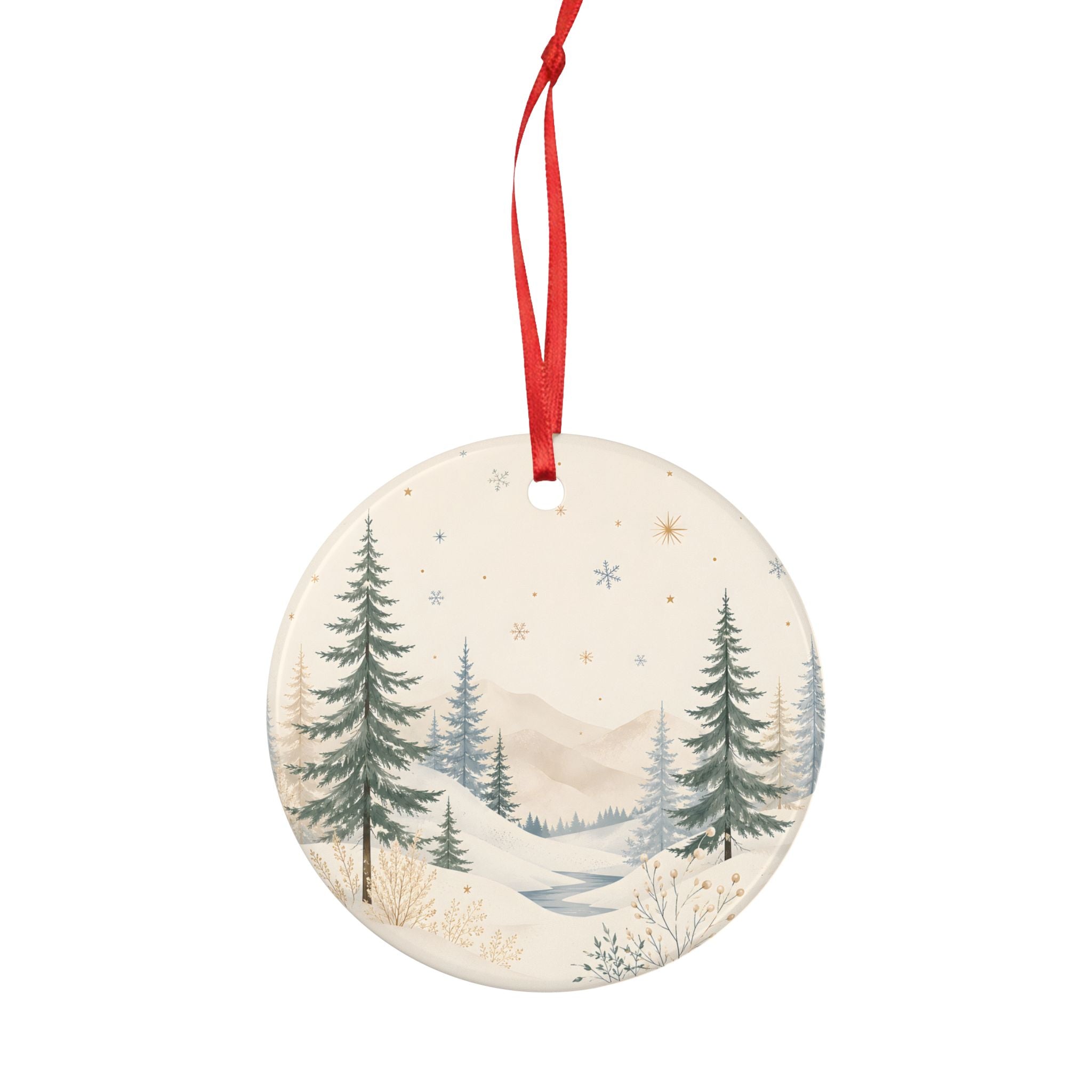 Winter Pines Ceramic Ornament — Double-Sided Snowy Forest Holiday Decoration