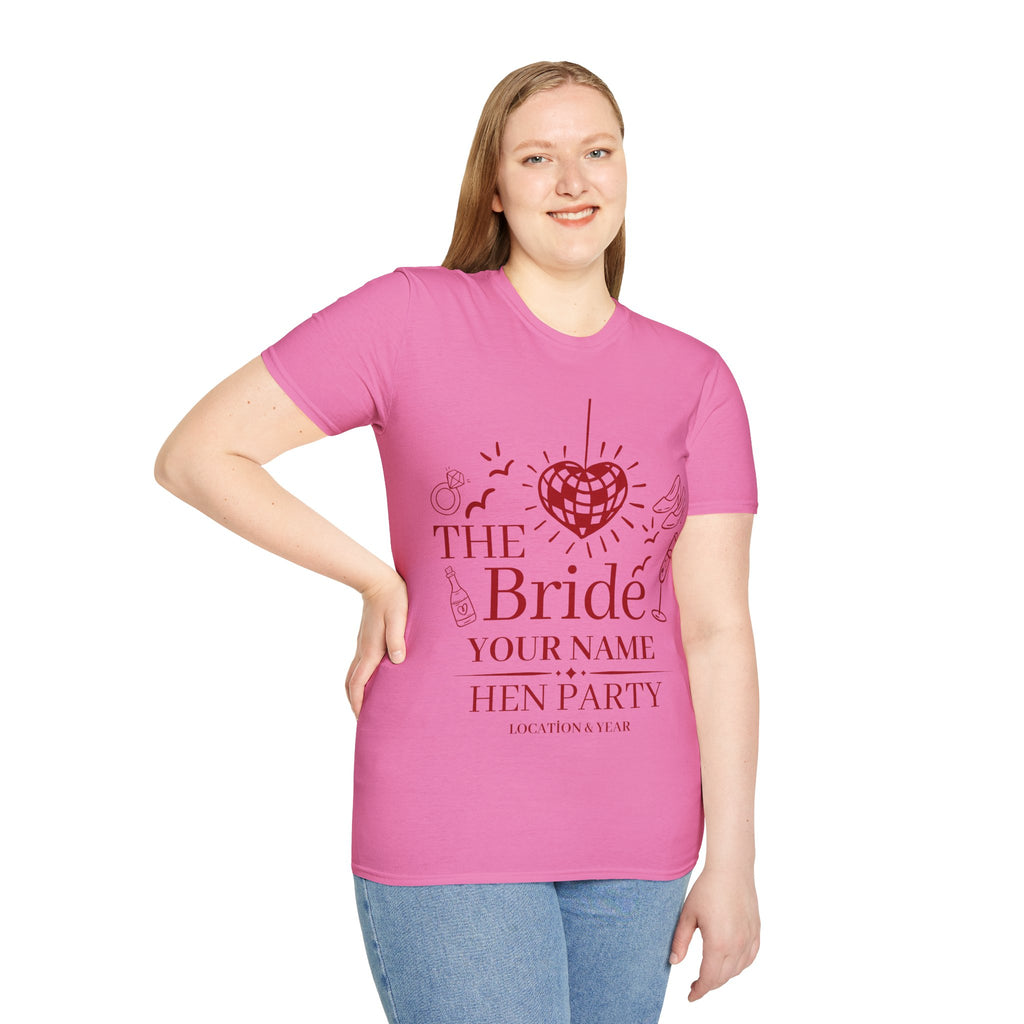 The Bride Hen Party T‑Shirt — Personalized Bachelorette Shirt with Heart Disco Design