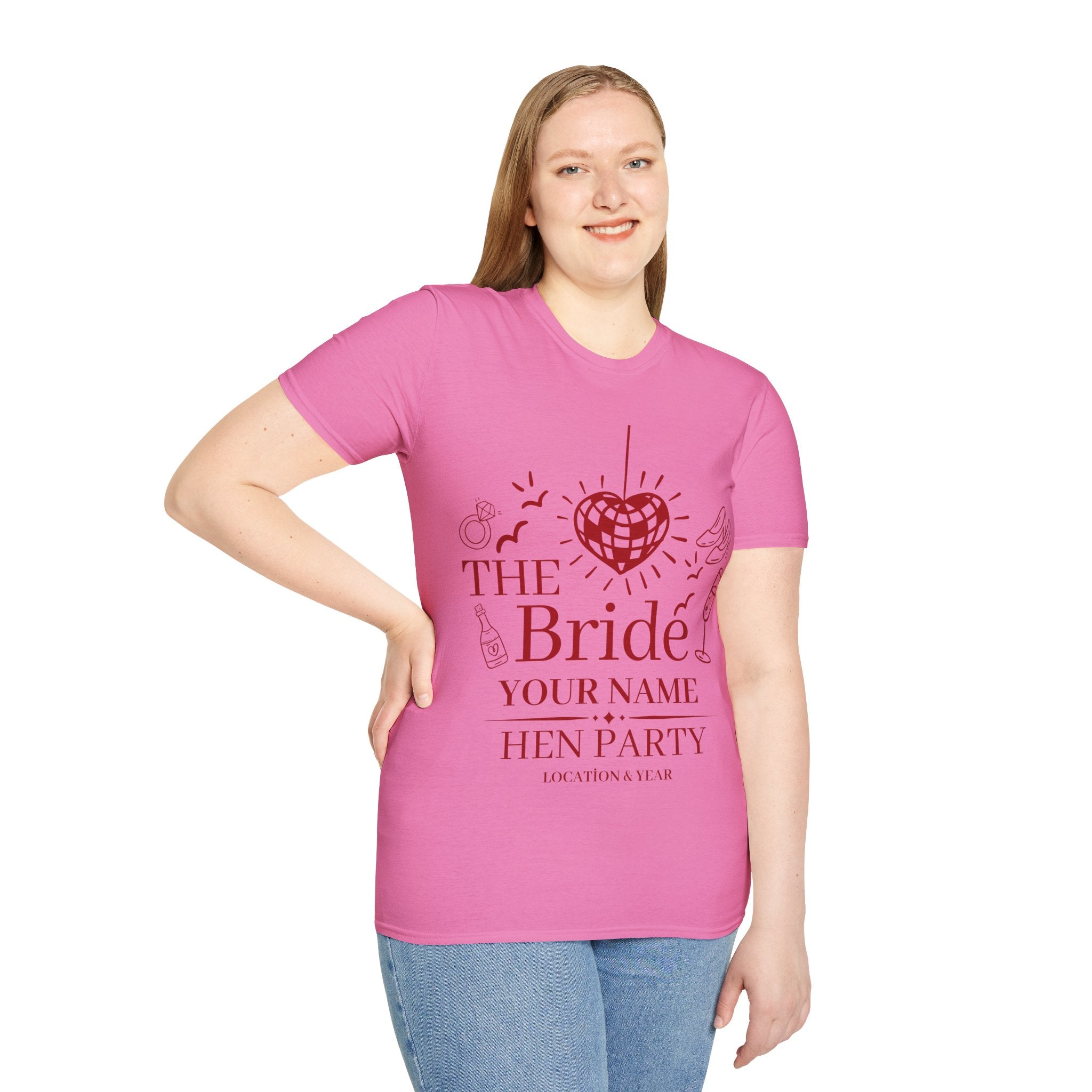 The Bride Hen Party T‑Shirt — Personalized Bachelorette Shirt with Heart Disco Design