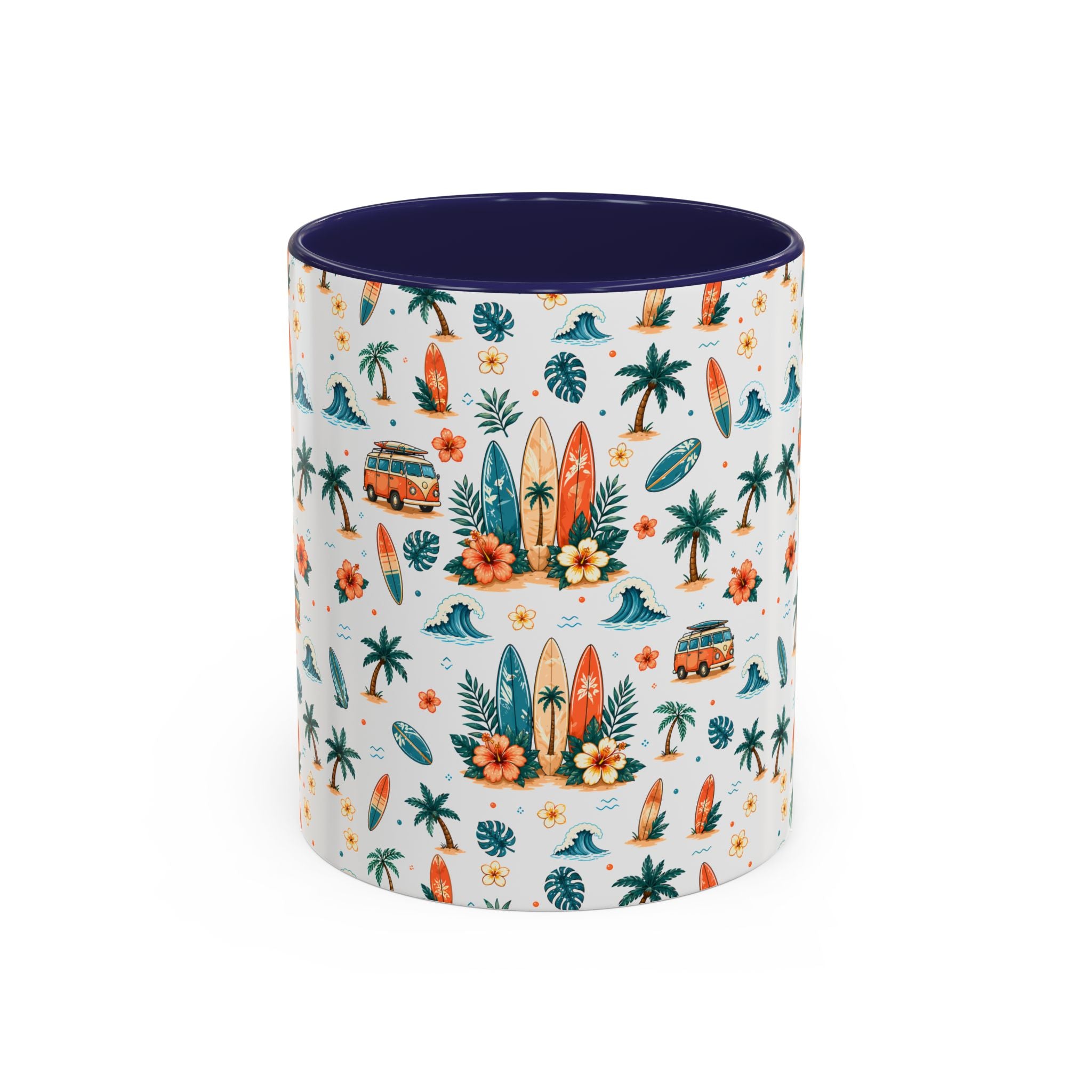 Surfboard & Palm Accent Coffee Mug — Tropical Beach Pattern 11/15oz