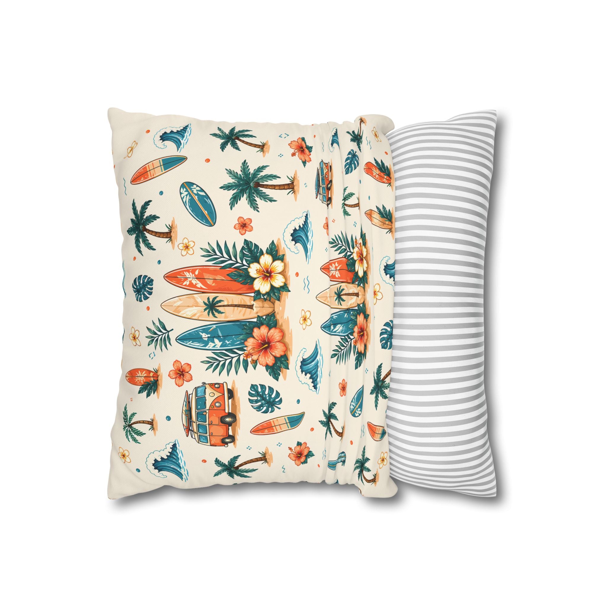 Surfboard Tropical Beach Pillow — Vintage Van & Palm Decorative Pillowcase