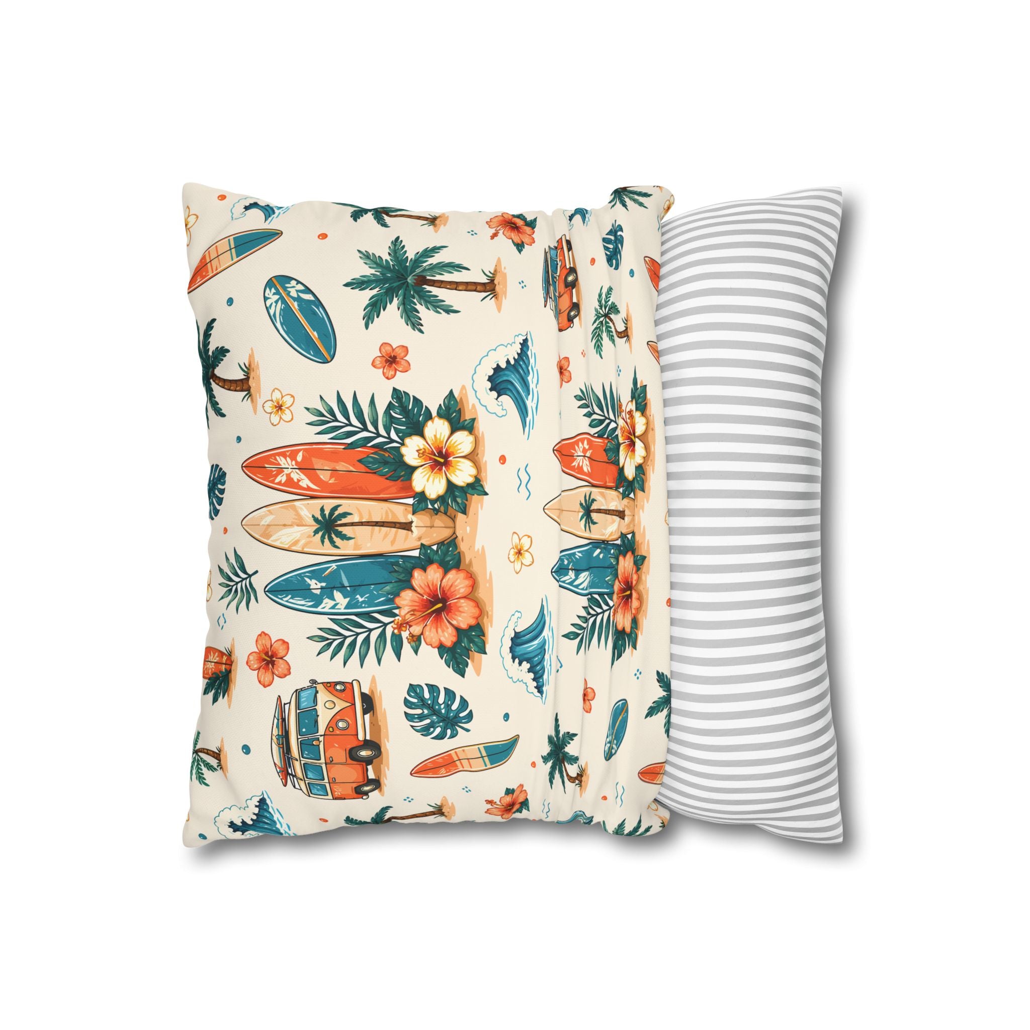 Surfboard Tropical Beach Pillow — Vintage Van & Palm Decorative Pillowcase