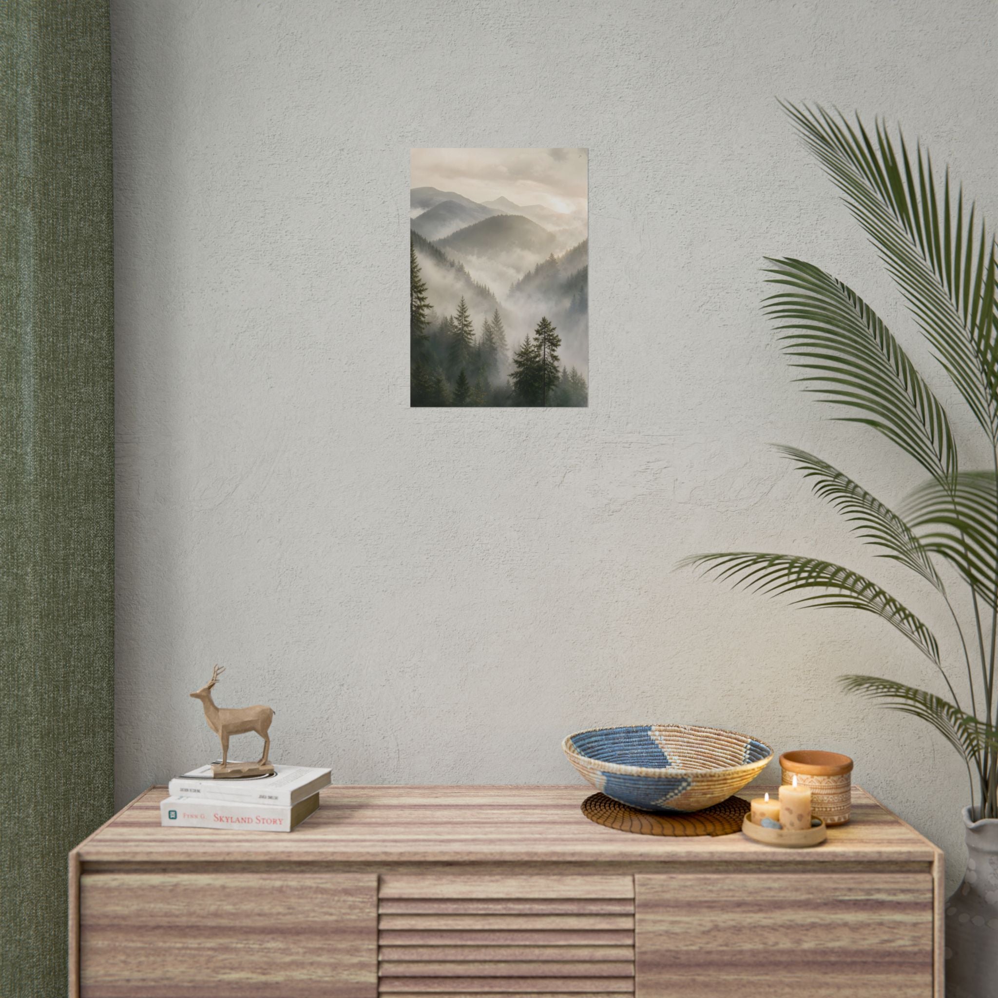 Mist-Filled Mountain Forest Rolled Poster — Serene Nature Wall Art