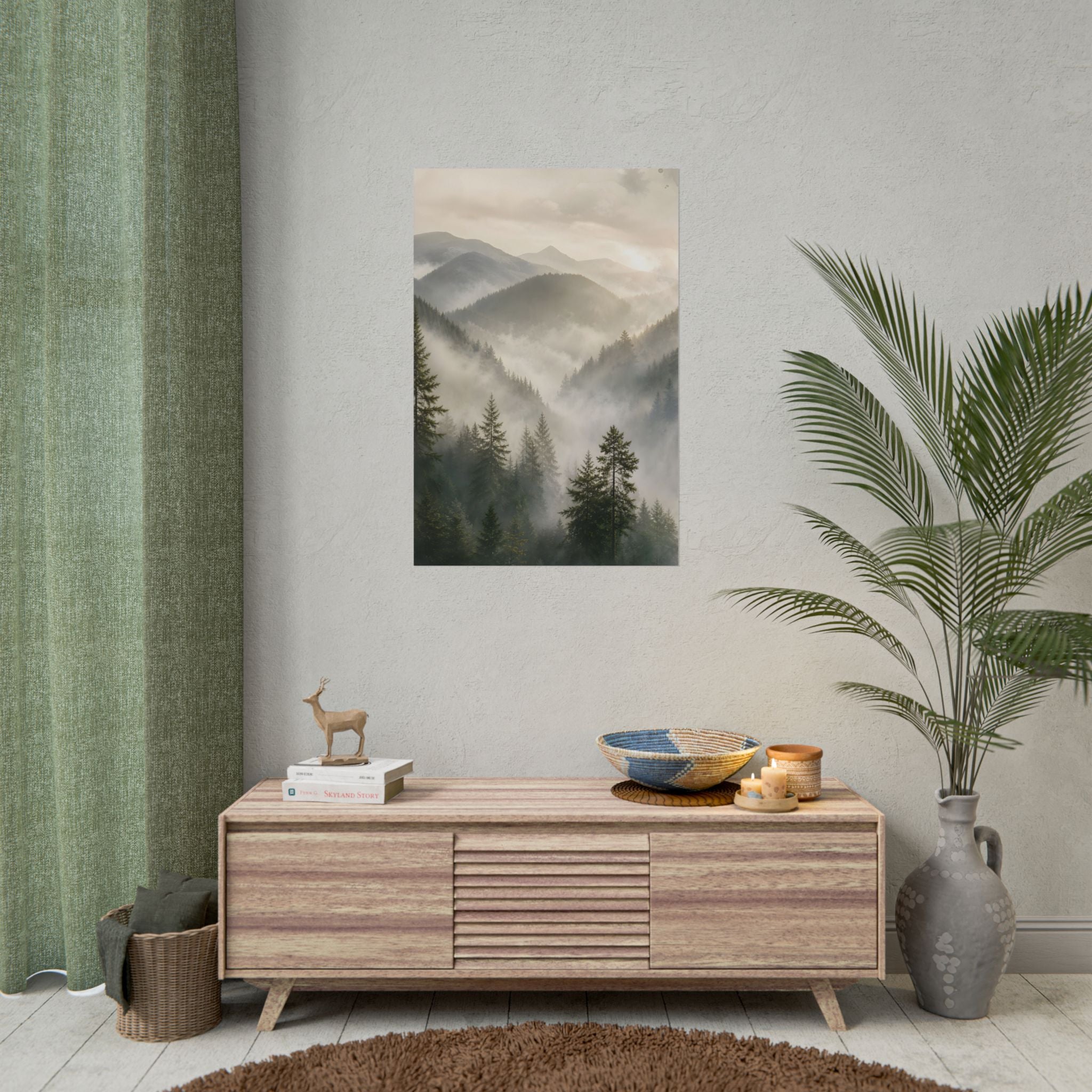 Mist-Filled Mountain Forest Rolled Poster — Serene Nature Wall Art