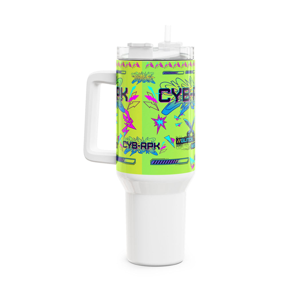 40oz Neon Cyberpunk Tumbler - 'CYB-RPK' Glitch Design Travel Mug