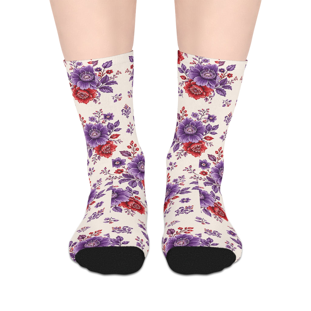 Floral Crew Socks — Purple & Red Vintage Rose Mid-Length Socks
