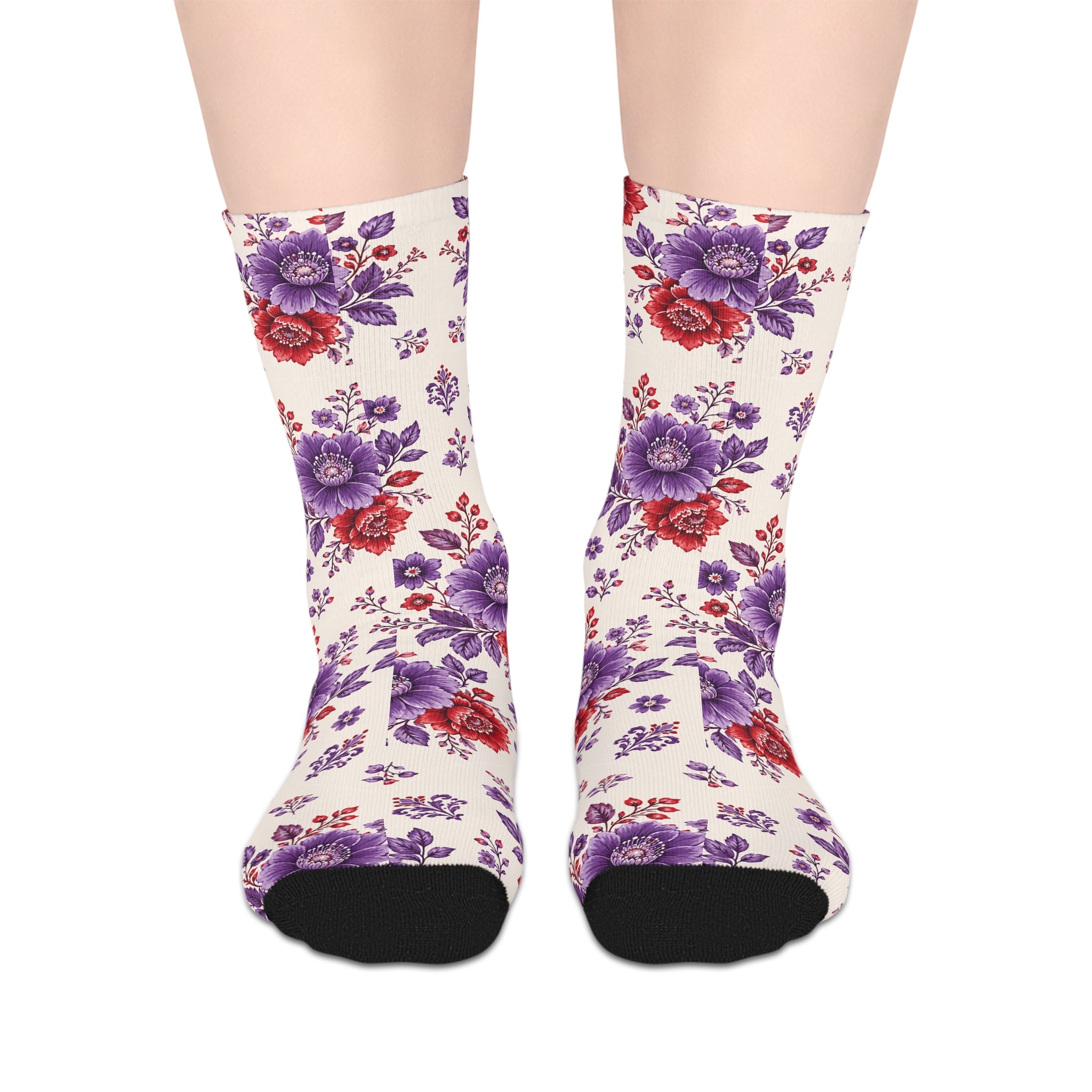 Floral Crew Socks — Purple & Red Vintage Rose Mid-Length Socks
