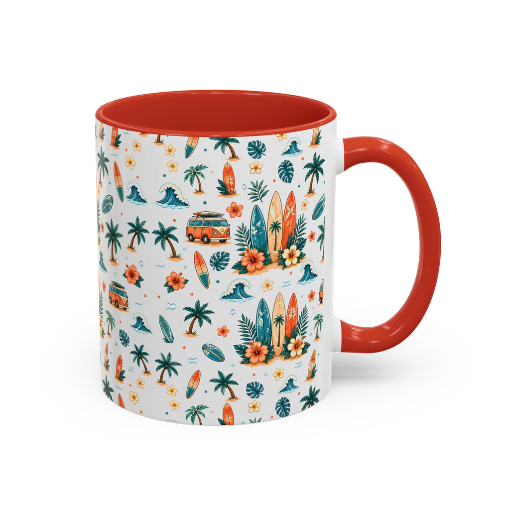 Surfboard & Palm Accent Coffee Mug — Tropical Beach Pattern 11/15oz