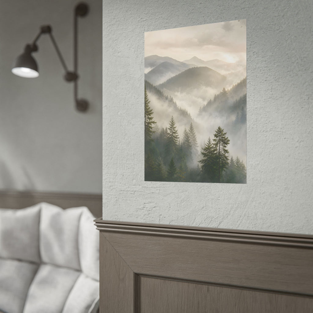 Mist-Filled Mountain Forest Rolled Poster — Serene Nature Wall Art