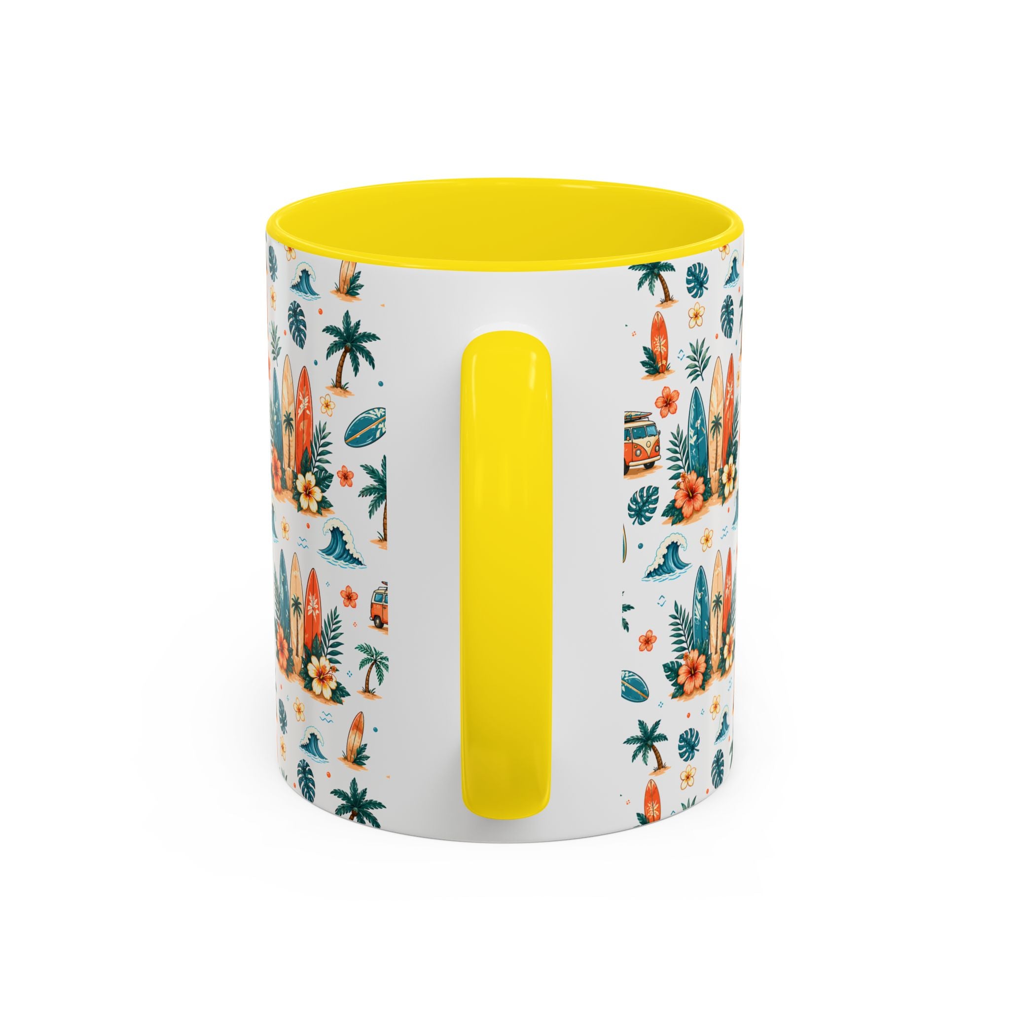 Surfboard & Palm Accent Coffee Mug — Tropical Beach Pattern 11/15oz