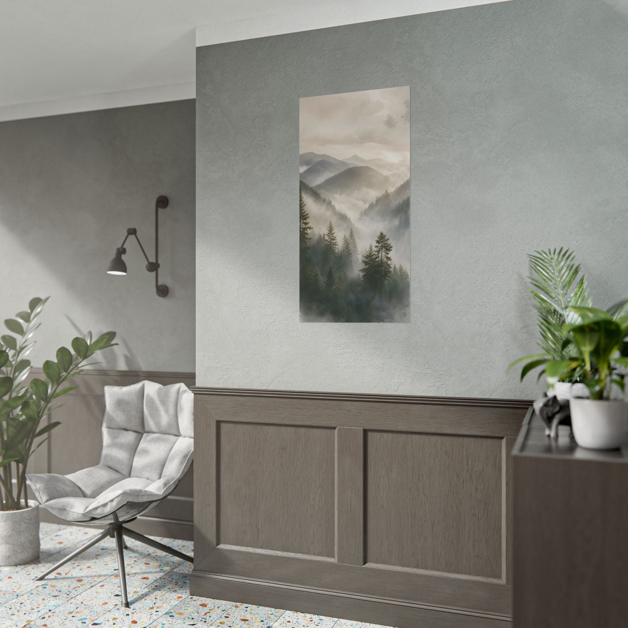 Mist-Filled Mountain Forest Rolled Poster — Serene Nature Wall Art