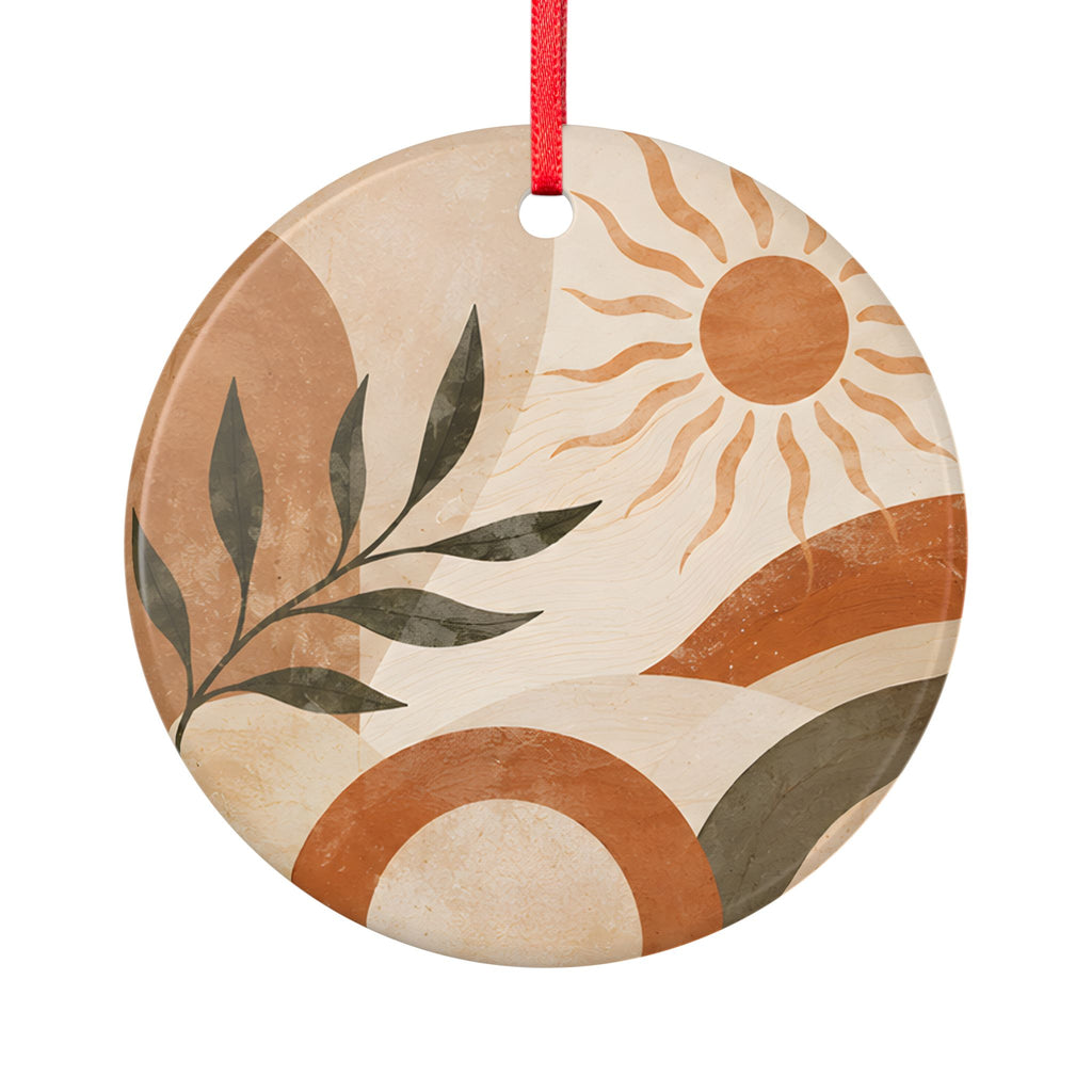 Boho Sun & Leaf Ceramic Ornament — Earth Tone Round Holiday Decoration