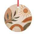 Boho Sun & Leaf Ceramic Ornament — Earth Tone Round Holiday Decoration